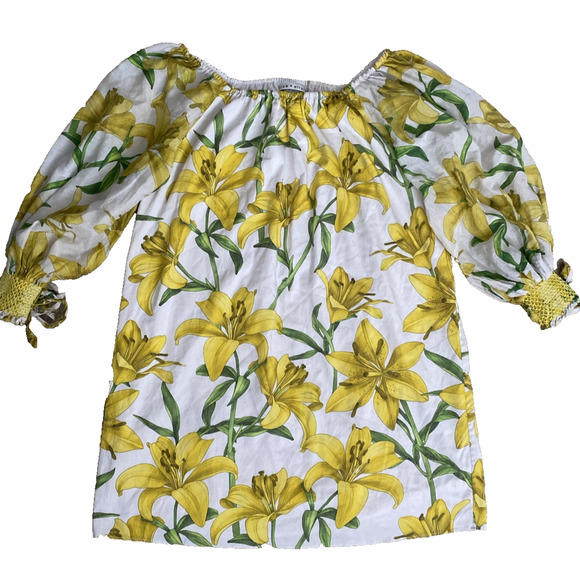 Alice + Olivia Artemis Off the Shoulder 3/4 Sleeve Mini Dress Floral Yellow L - Picture 5 of 10